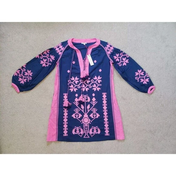 Nwt Frances Valentine Stephanie Tunic Dress Navy Pink Women's Size S Embroidery - Picture 1 of 9